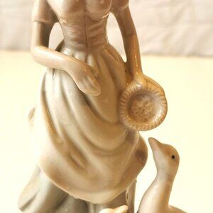 Vintage Porcelain Goose Girl Figurine 8" Blue & White Dress Feeding Geese Japan